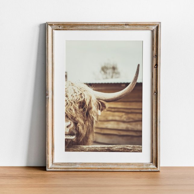 Poster Boho Highland Cow Wall Art (Boho Highland Cow Wall Art in wooden frame)