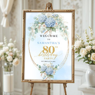 Poster Boho Hortênsias Pó Dourado Azul Desbotado boas-vin