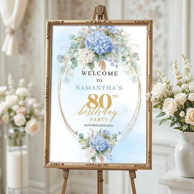Poster Boho Hydrangeas Gold Dusty Blue 80 birthday welcom (Boho Hydrangeas Gold Dusty Blue 80th birthday welcome)