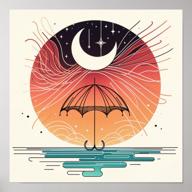 Poster Boho Lua no Guarda-Chuva com Estrelas Cadentes (Frente)