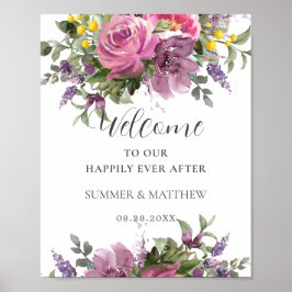 Poster Boho Magenta Pink Purple Floral Boho Bem-vindo