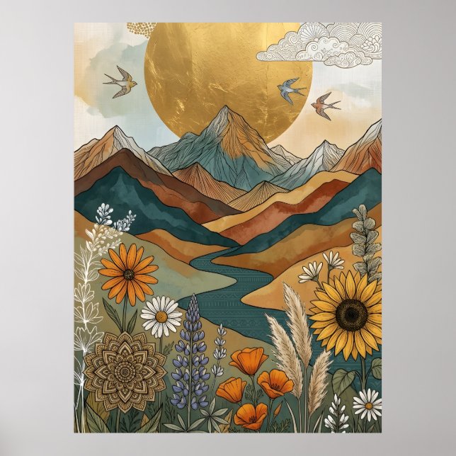 Poster Boho Mandala Celestial Rio Montanha Sol (Frente)