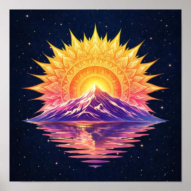 Poster Boho Mandala Mountain Sunset | Cosmic Night Sky (Frente)