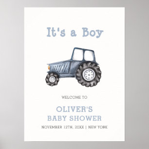 Poster Boho Menino Aguarela Trator Chamada de Chá de Bebê