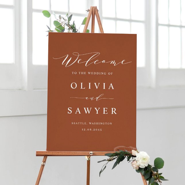 Poster Boho Minimalista Script Terracotta Wedding (Customizable boho terracotta script wedding welcome sign)