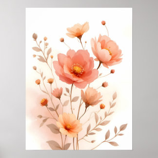 Poster Boho Modern Art. Soft Peach Floral Watercolor