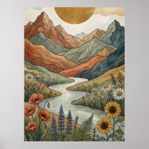 Poster Boho Montanha Celestial Rio Dourado Girassol