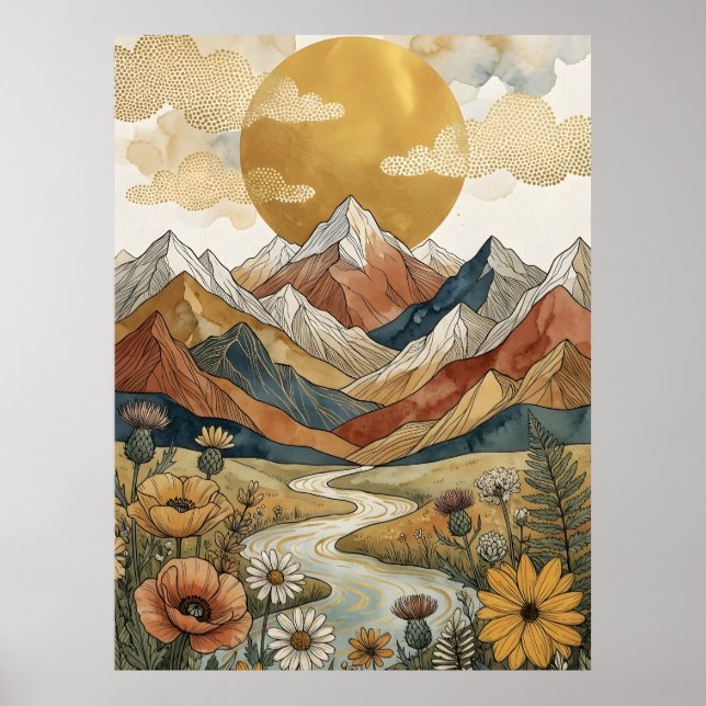 Poster Boho Montanha Celestial Rio Sol Prado (Frente)