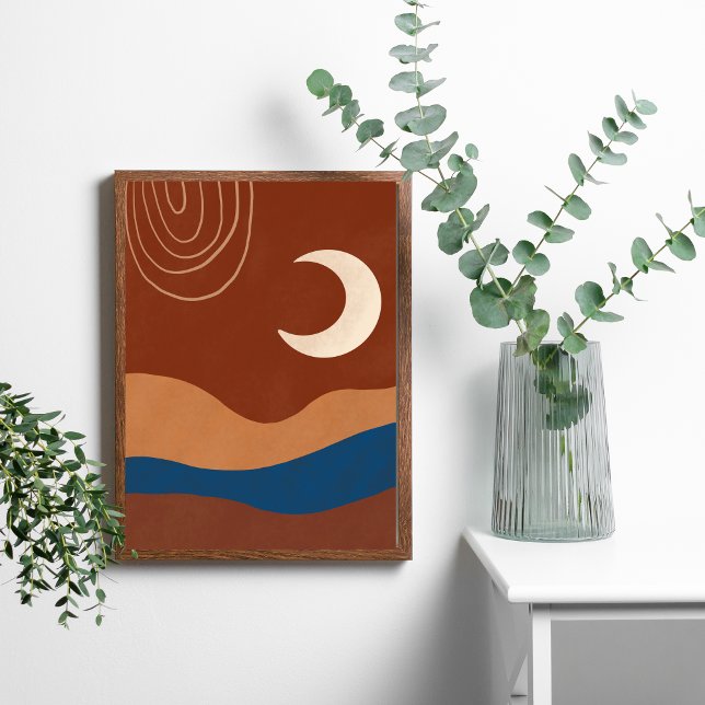 Poster Boho Moon Landscape Abstrato Terracotta Trendy (Boho Moon Landscape Beige Brown Blue White Wall Art. Digital and Printed)