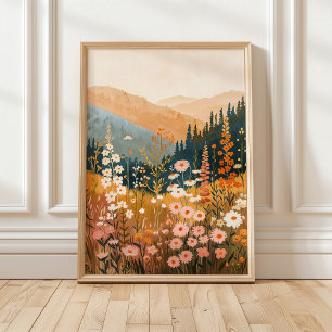 Poster Boho Mountain Daisy Wildflower Landscape 18x24"