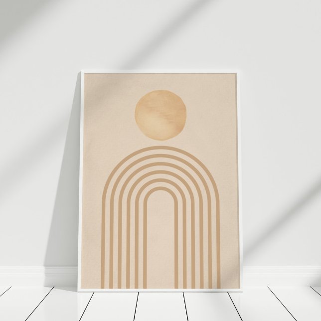 Poster Boho Neutral Peach Terracotta Sun Rainbow (Boho Neutral Peach Terracotta Sun Rainbow Poster in white frame on wooden floor.)