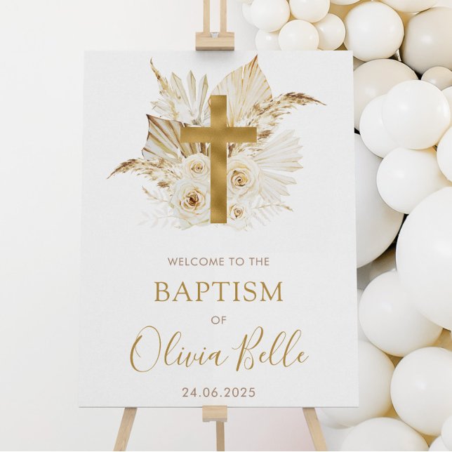 Poster Boho Neutro Palma Seca Floral Batismo Bem-vindo (Boho Neutral Dried Floral Baptism Welcome Sign)