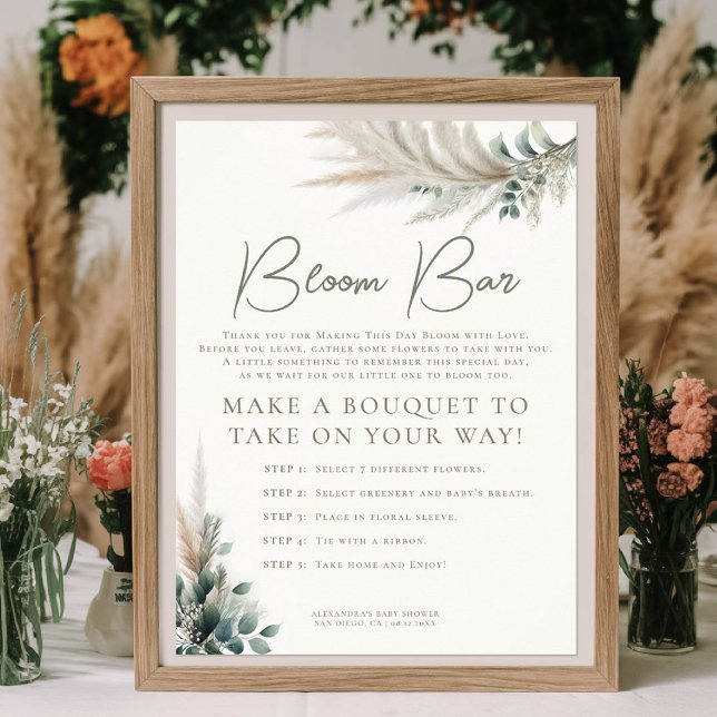 Poster Boho Pampas Sage Chá de fraldas Verde Sinal de Bar (baby shower flower bar sign make your own bouquet pampas grass greenery boho chic)