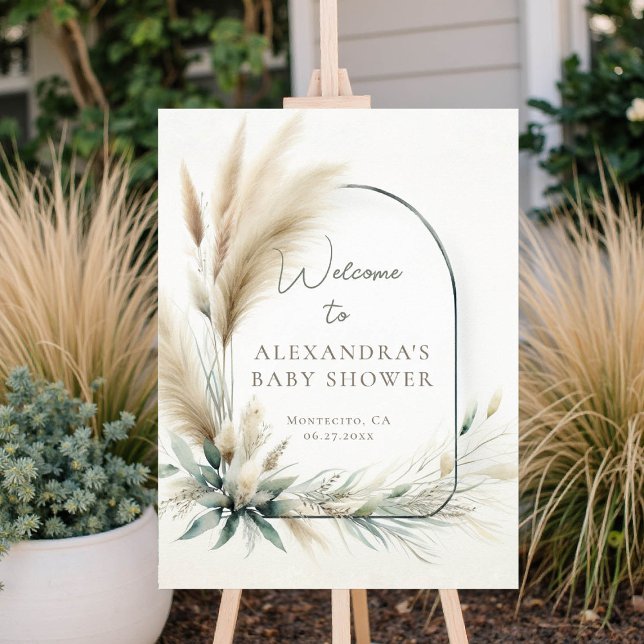 Poster Boho Pampas Sage - Sinal de boas-vindas do Chá de  (baby shower welcome sign pampas grass greenery boho chic)