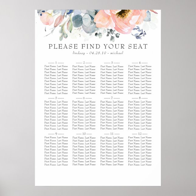 Poster Boho Peach Floral Dusty Blue Casamento Gráfico (Frente)