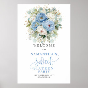 Poster Boho Peônias Azuis Douradas Bem-Vindo Sweet Sixtee