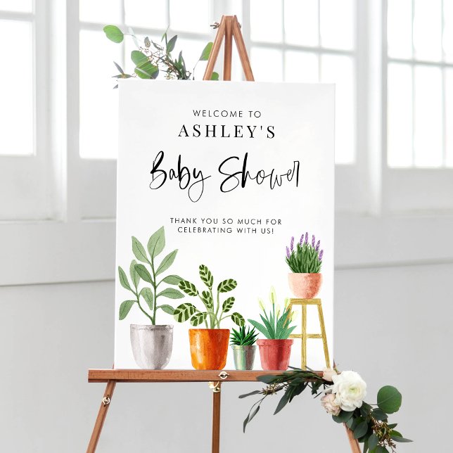 Poster Boho Potted HousePlant Chá de fraldas Welcome (Customizable boho baby shower welcome sign featuring watercolor potted houseplants. )