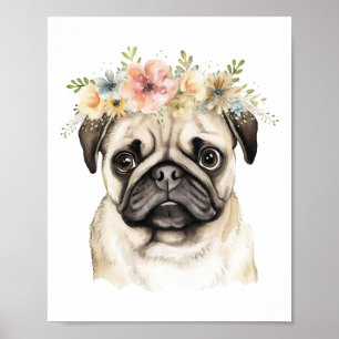 Poster Boho Pug Cachorro Flor Crown Watercolor