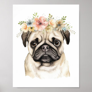 Poster Boho Pug Cachorro Flor Crown Watercolor