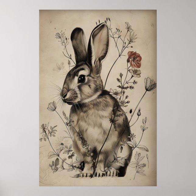 Poster Boho Rabbit Bunny Flower Print, Rustic Hare (Frente)