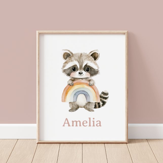 Poster Boho Raccoon E Rainbow Baby Name Art (Criador carregado)