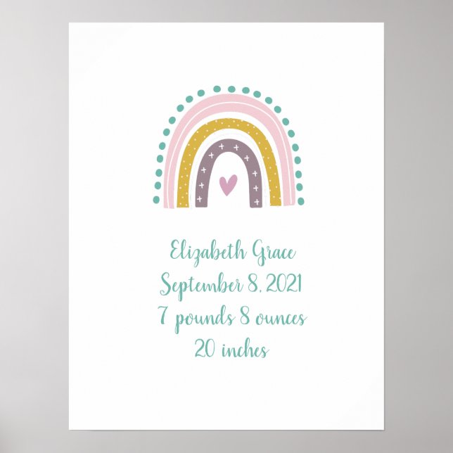 Poster Boho Rainbow Pink Teal Dourado Hearts Stats (Frente)