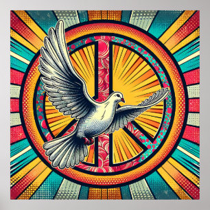 Poster Boho Retro Dove and Peace Sign