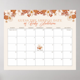 Poster Boho Retro Floral Bebê Adivinha O Calendário De Da