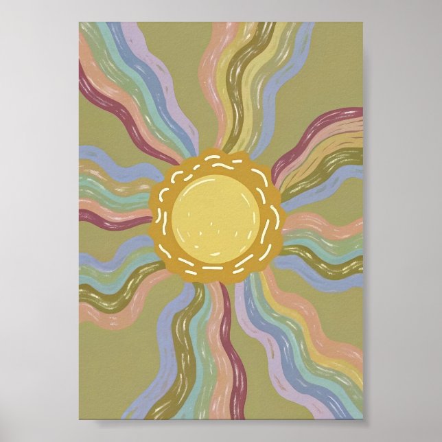 Poster Boho Retro Sun & Muted Rainbow Rays Minimalist Art (Frente)
