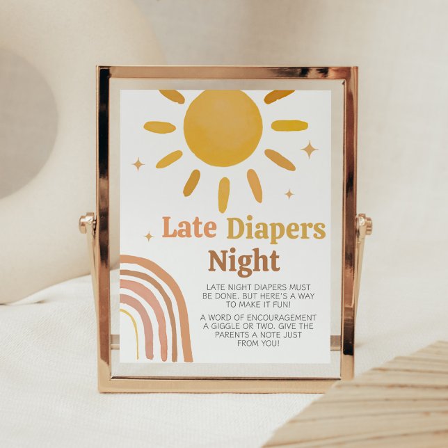 Poster Boho Retro Sunshine Chá de fraldas Tarde Fraldas N (Here Comes the Sun Baby Shower Late Night Diapers Sign)