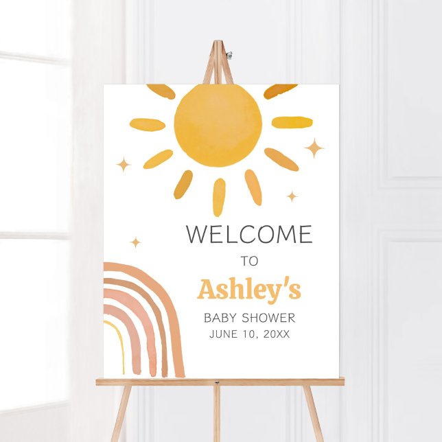 Poster Boho Retro Sunshine Chá de fraldas Welcome (Here Comes the Sun Baby Shower Welcome Sign)