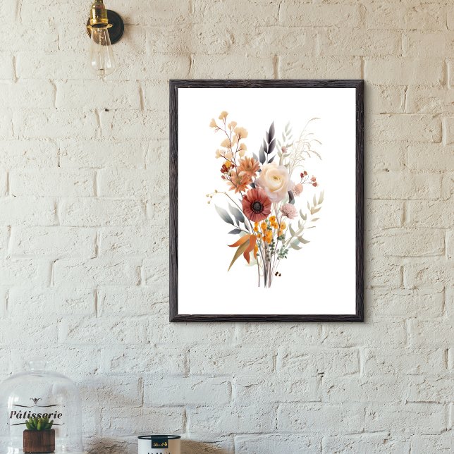 Poster Boho Rosa Bege Amarelo Azul Floral Botânico (Rose White Beige Peach Yellow and Blue Floral  Botanical Wall Art poster. Digital or Printed Framed)