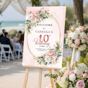 Poster Boho Rosa Dourado Floral Bem-Vindo 40º Aniversário