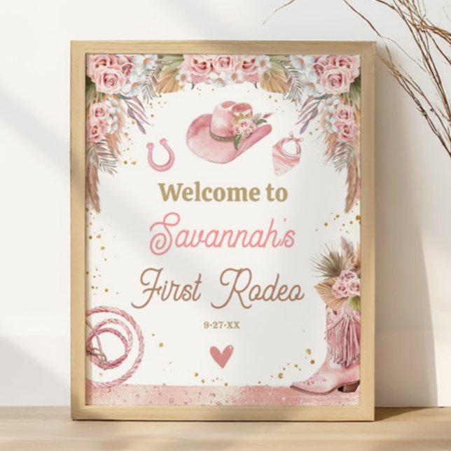Poster Boho Rosa Primeiro primeiro aniversario Rodeado 16 (Pink Boho First Rodeo 1st Birthday 16x20 Welcome Poster)