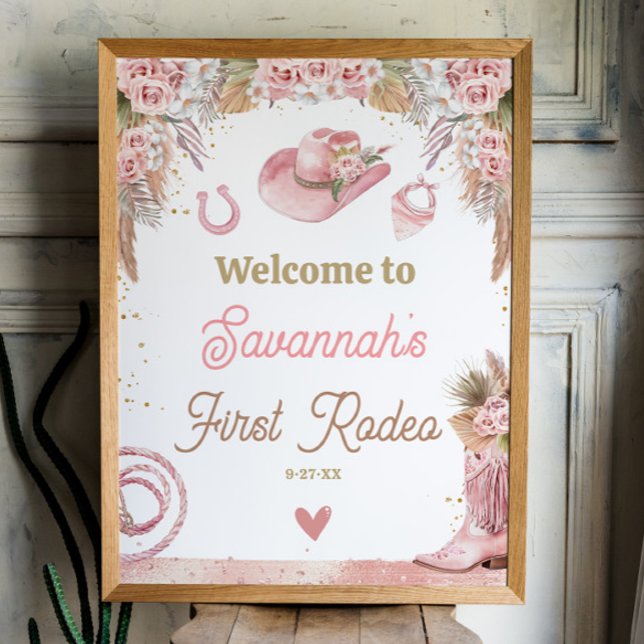 Poster Boho Rosa Primeiro primeiro aniversario Rodeado 18 (Pink Boho First Rodeo 1st Birthday 18x24 Welcome Sign Poster)