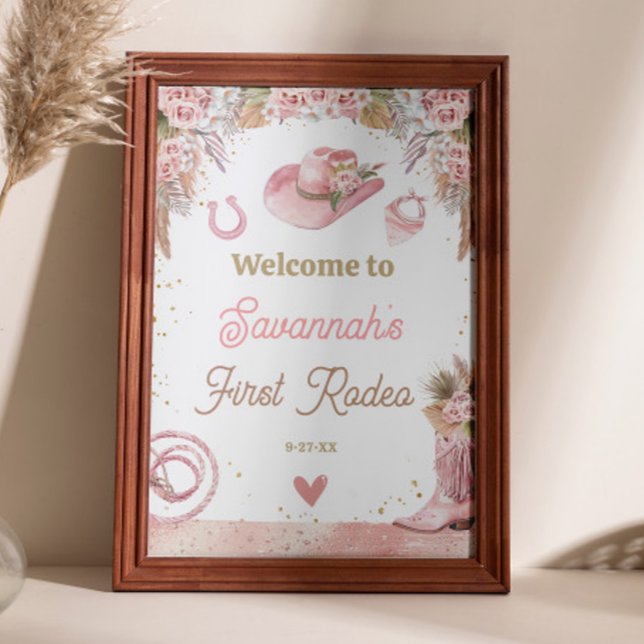 Poster Boho Rosa Primeiro primeiro aniversario Rodeado 20 (Pink Boho First Rodeo 1st Birthday 20x30 Welcome Poster)