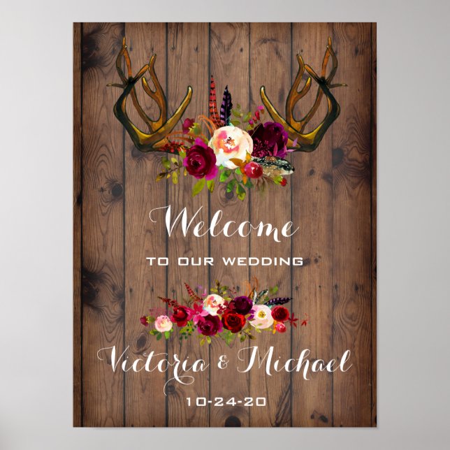 Póster Boho Rustic Antler Sinal de Casamento Floral (Frente)