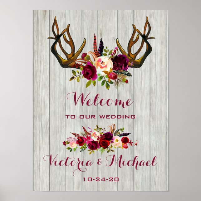 Póster Boho Rustic Antler Sinal de Casamento Floral (Frente)