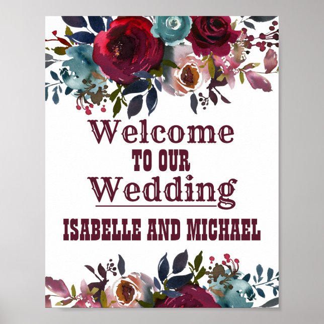 Póster Boho Rustic Burgundy Floral Weding Sinal de Boho (Frente)