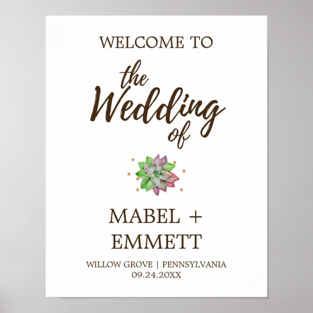Póster Boho Rustic Mint Floral Succulent Wedding Bem-vind (Frente)