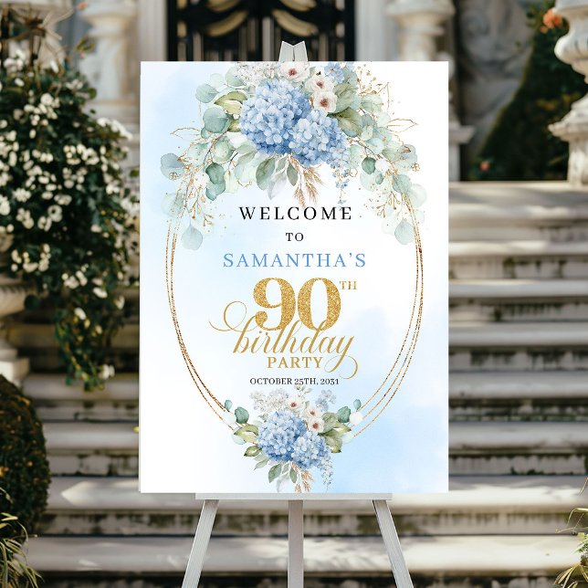 Poster Boho Rústico Hydrangeas Azuis Boas-vindas de 90º a (Rustic Boho Blue Hydrangeas 90th birthday welcome)