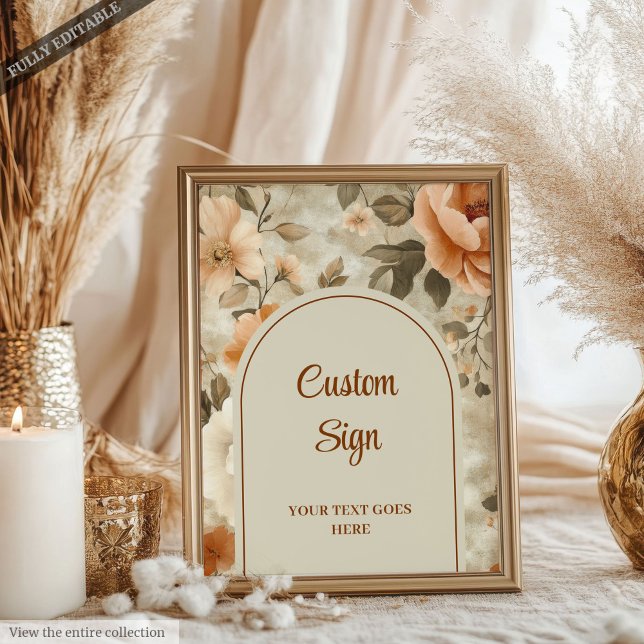 Poster Boho Rústico Laranja Queimada Marfim Sage Floral P (Rustic Boho Burnt Orange Ivory Sage Floral Custom Sign)