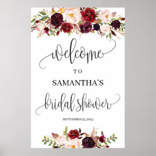 Poster Boho rústico marsala floral chá de noiva bem-vindo
