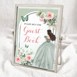 Poster Boho Sage Green Pink Roses Mis 15 Años Guest Book