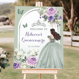 Poster Boho Sage Green Purple Floral Quinceañera Bem-vind