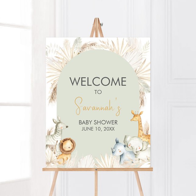 Poster Boho Sage Green Safari Bem-vindo (Hello Baby Safari Baby Shower  Welcome Sign)