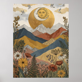 Poster Boho Sol Celestial Lua Face Montanha Pássaros