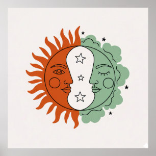 Poster Boho Sol e Lua Face Terracota Verde Salvia Arte