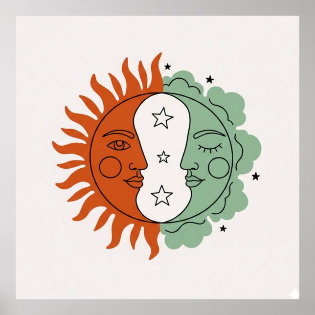 Poster Boho Sol e Lua Face Terracota Verde Salvia Arte (Frente)