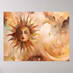 Poster Boho Sol & Lua Decoração Celestial Minimalista p